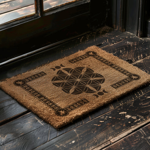 Coir doormat featuring Flower of Life symbol surrounded by lunar phases and protective sigils, in natural tan with black designs.